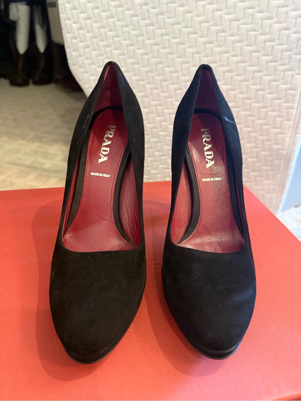 Prada Black Suede Pointed-Toe High Heels with Burgundy Interior